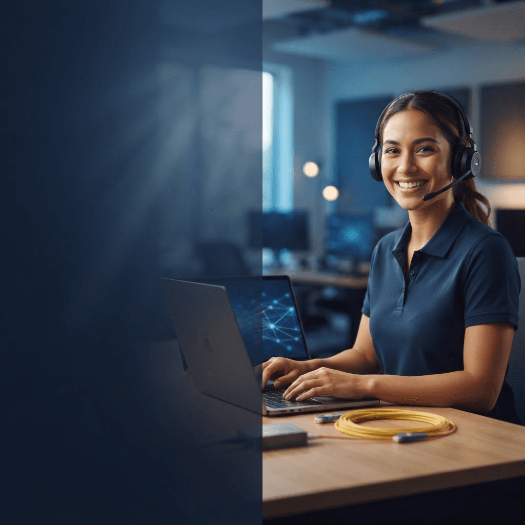 Técnico especializado prestando suporte para conexão de fibra óptica